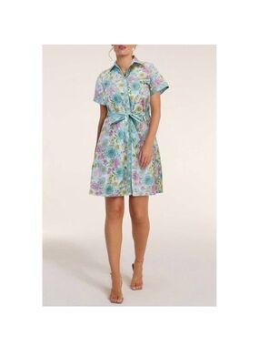 Hermoza Pastel Floral Tie-Waist Shirt Dress in Mint, Lavender, Blue